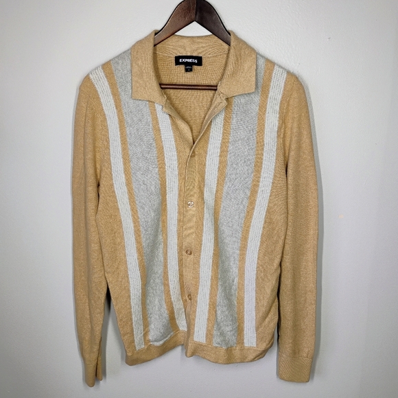 Express Stripe Button Down Sweater Polo Men Small Beige Neutral Cardigan Preppy - Picture 10 of 10